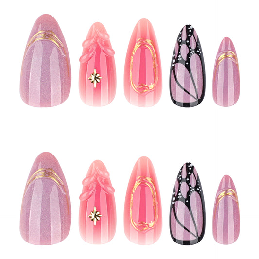 Whimsical Elegance Long Almond Pink Ombre Press On Nail Set with Glamorous Golden Accents