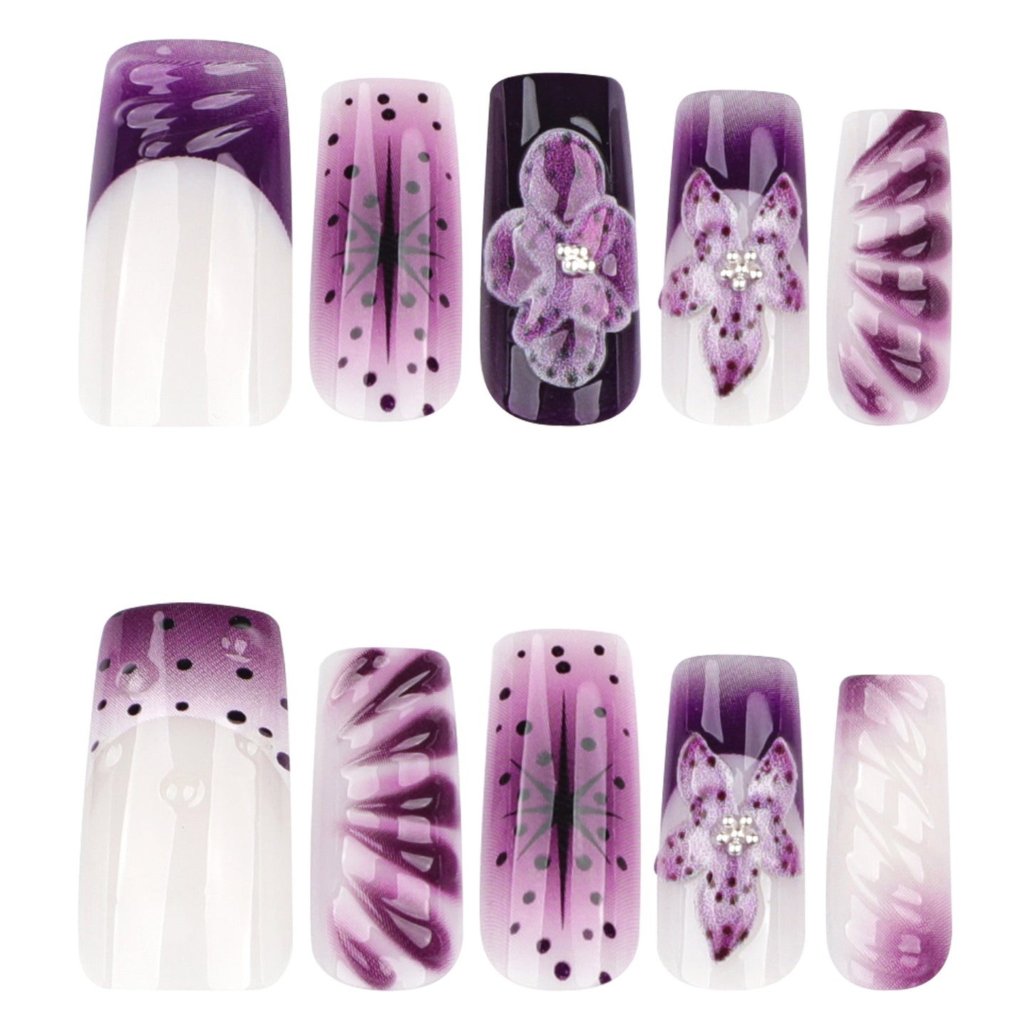 Elegant Floral Fantasy Long Square Purple Press On Nail Set with Glitter and Artistic Designs