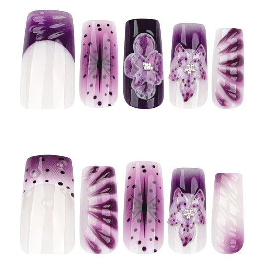 Elegant Floral Fantasy Long Square Purple Press On Nail Set with Glitter and Artistic Designs