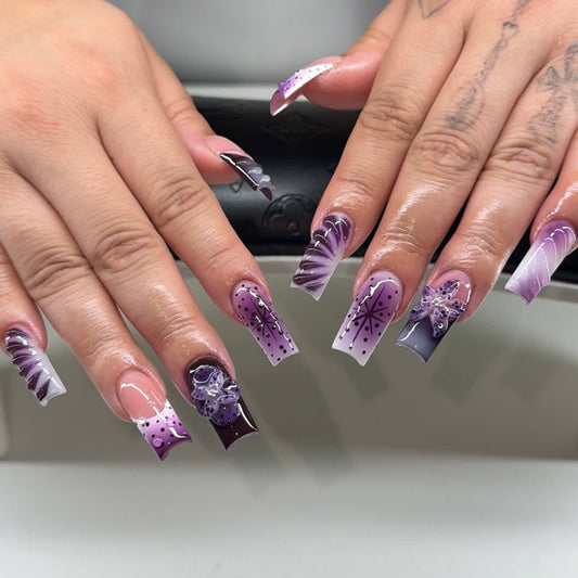 Mystical Elegance Long Square Purple Ombré Design with Intricate Floral Accents Press On Nail Set