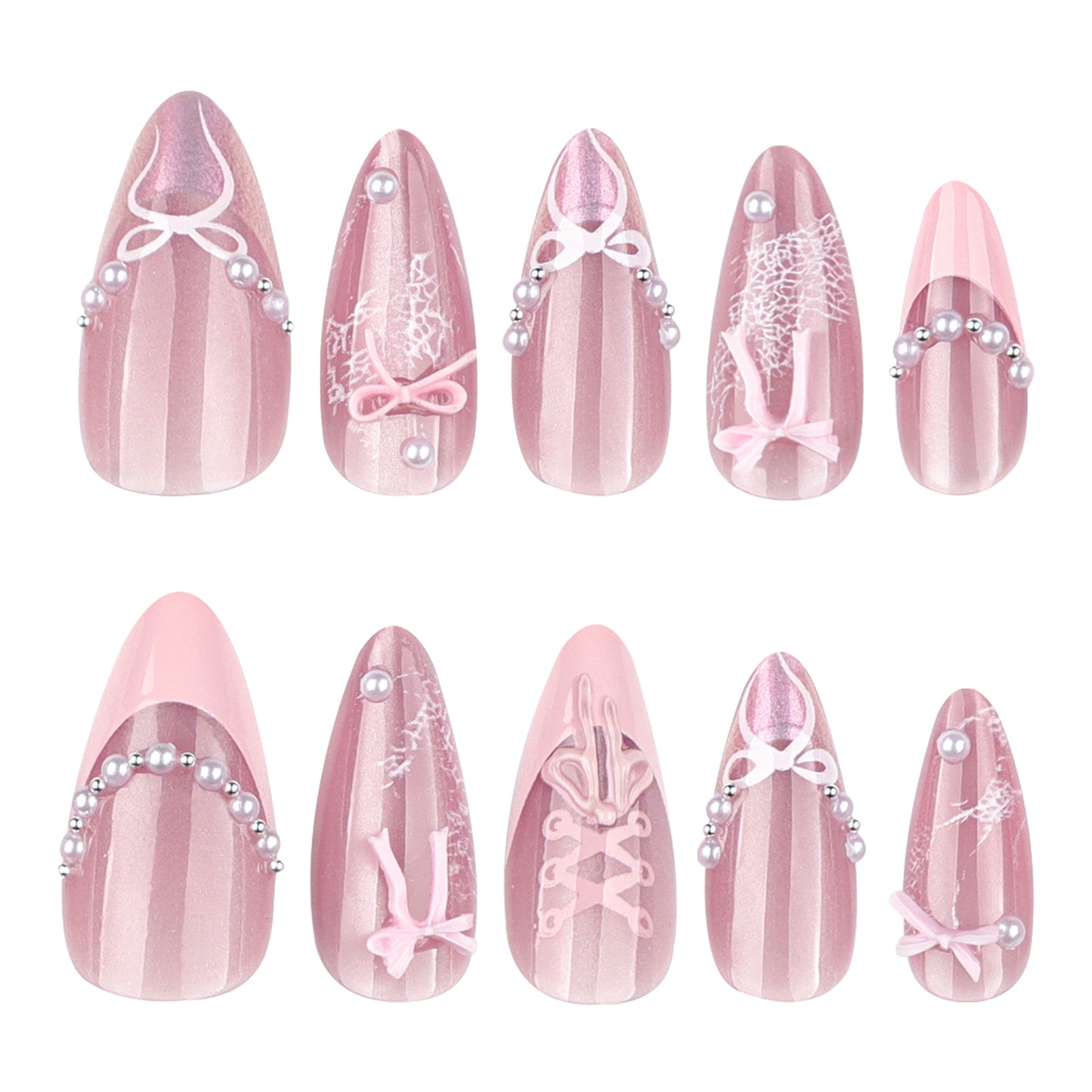 Ballet Dream Press On Nail Set Long Almond Pink Striped Design with Bow and Pearl Accents