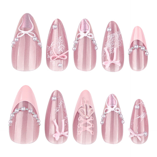 Ballet Dream Press On Nail Set Long Almond Pink Striped Design with Bow and Pearl Accents