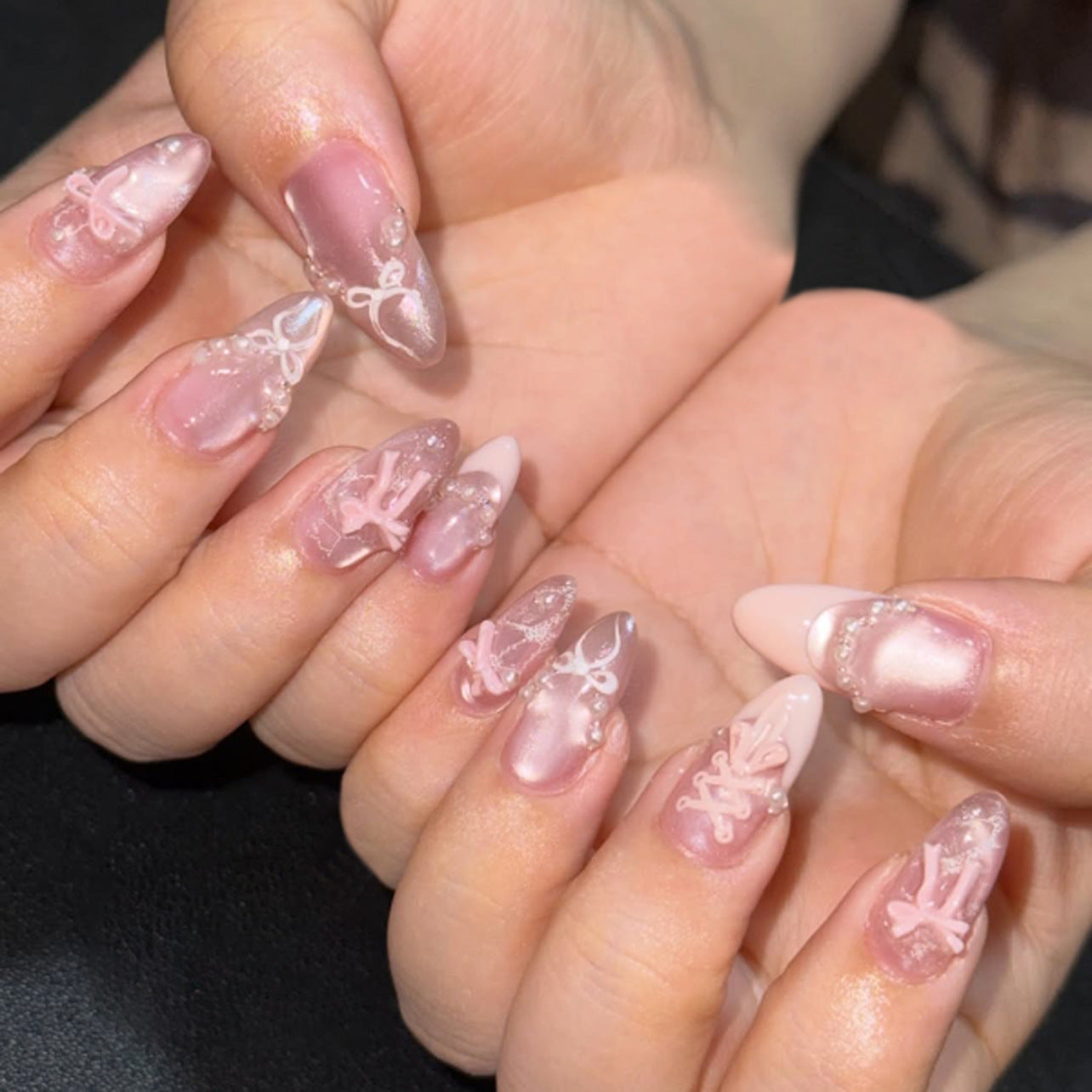 Whimsical Fairy Fantasy Long Almond Pink Ombre with Delicate Bow Accents Press on Nail Set