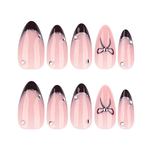 Chic Elegance Long Almond Pink Press On Nail Set with Black Tips and Sparkling Accents