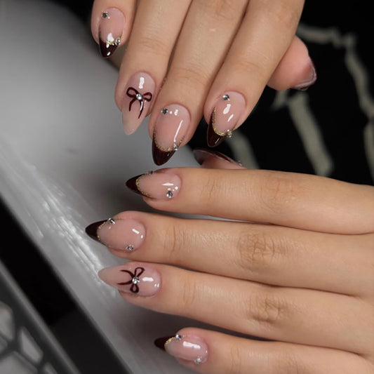 Chic Evening Elegance Long Almond Pink and Brown with Sparkling Gems and Bow Details