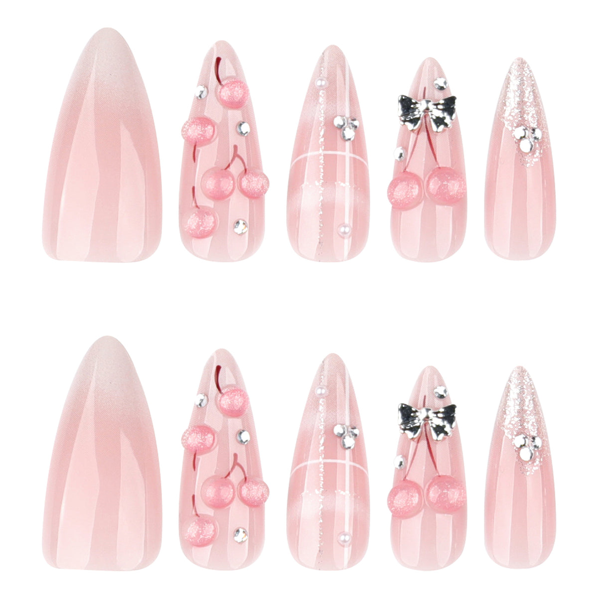 Cherry Blossom Elegance Medium Stiletto Pink Nails with Glitter Accents