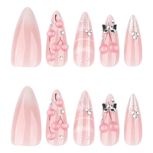 Cherry Blossom Elegance Medium Stiletto Pink Nails with Glitter Accents