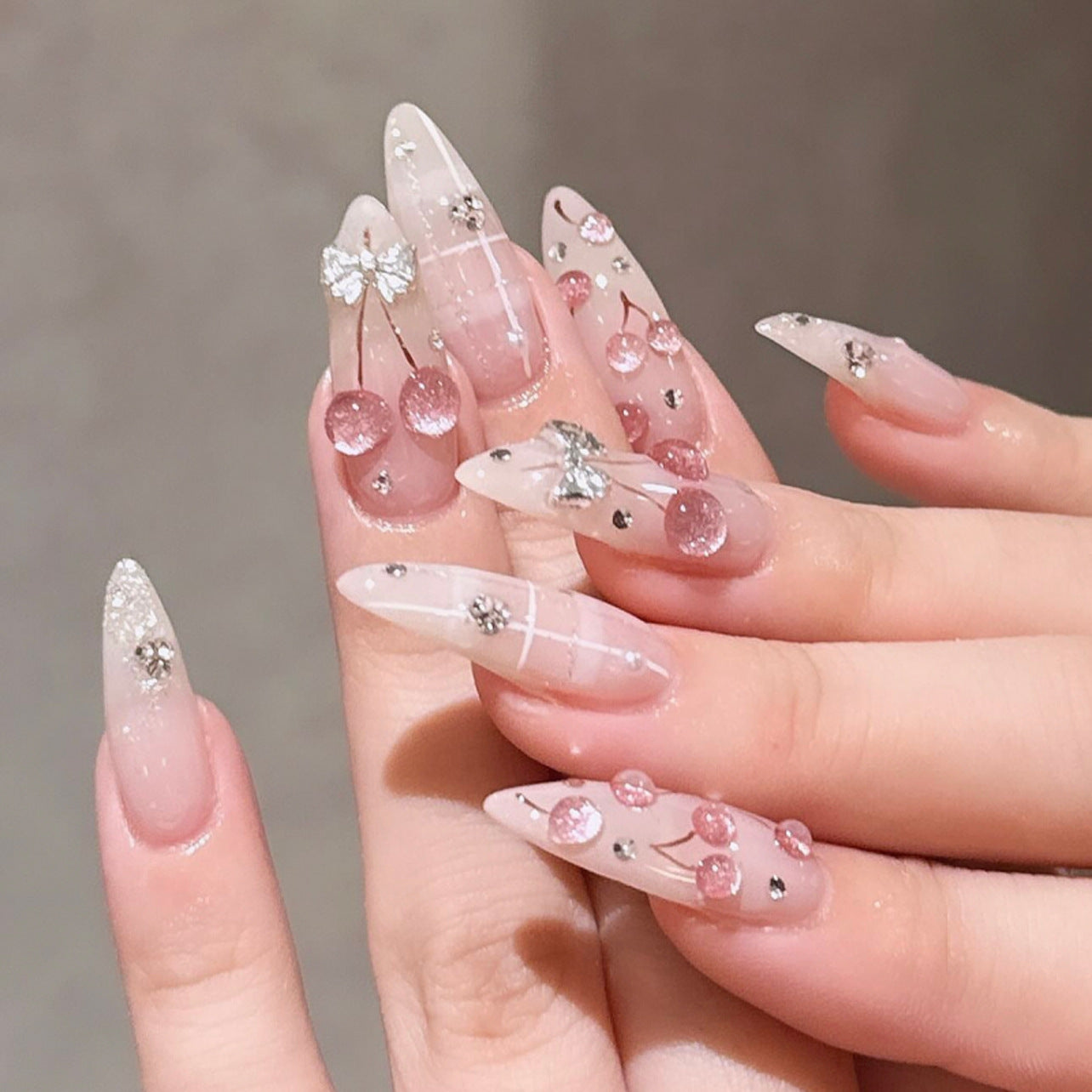 Whimsical Blossom Medium Almond Pink Floral Press On Nail Set