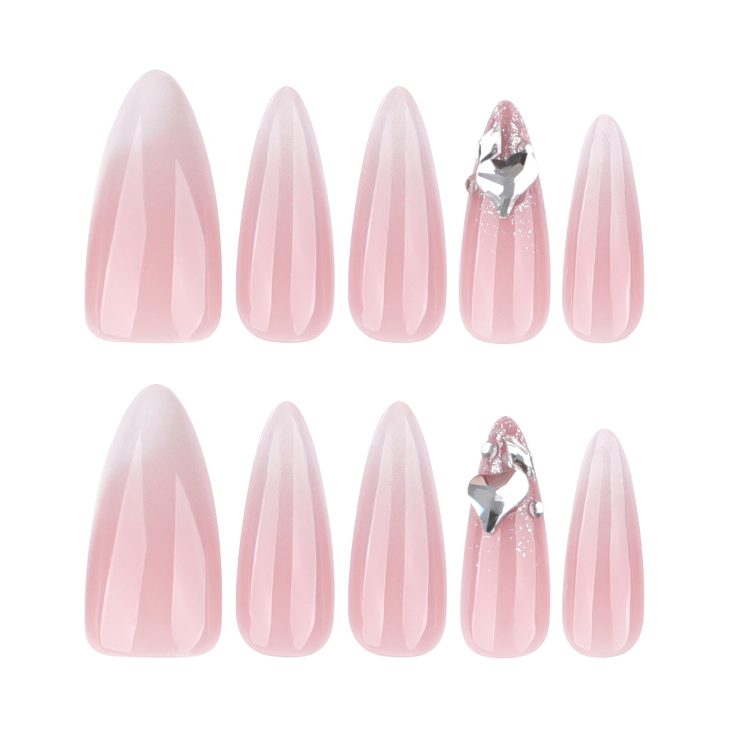 Blush Elegance Long Almond Pink Press on Nail Set with Shimmering Heart Accent
