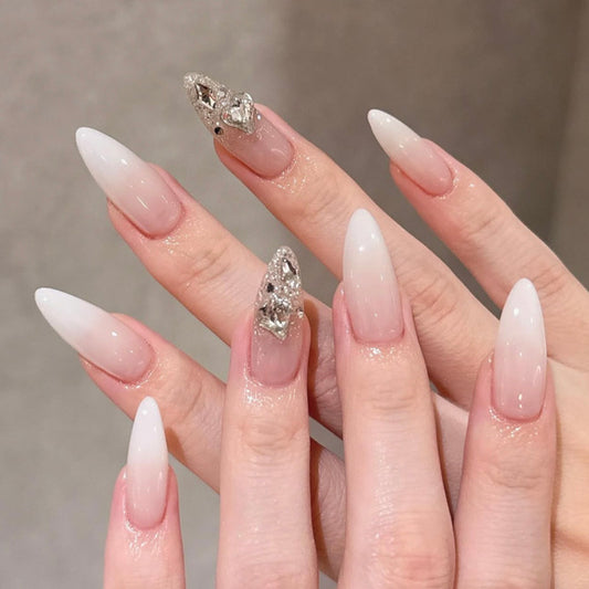 Elegant Dream White Long Almond Press-On Nail Set with Sparkling Accent Design