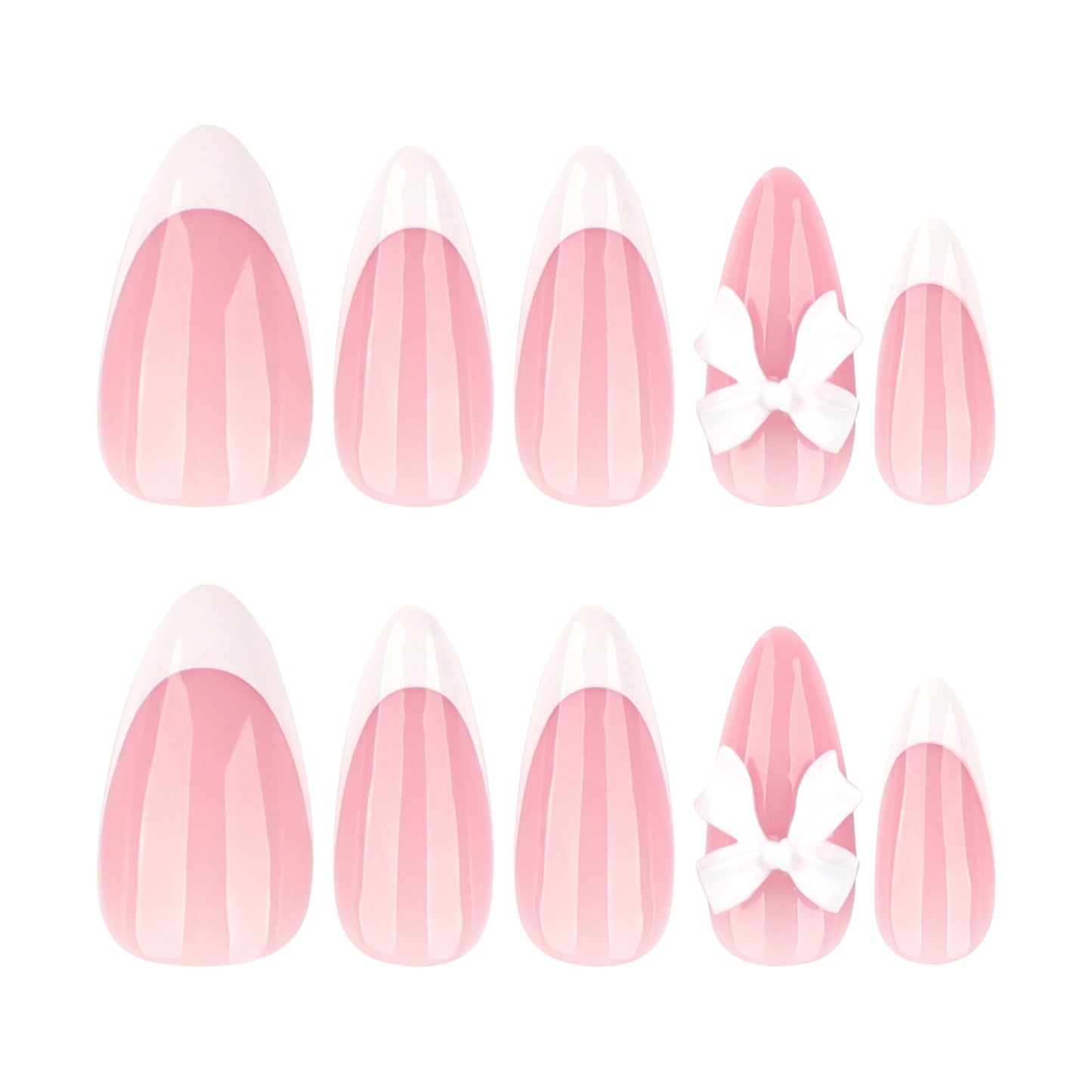 Charming Serenity Glossy Medium Almond Pink Press On Nail Set with Elegant Bow Detail