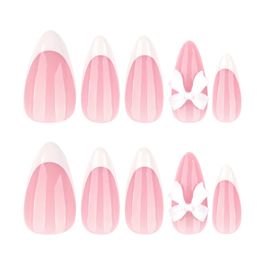 Charming Serenity Glossy Medium Almond Pink Press On Nail Set with Elegant Bow Detail