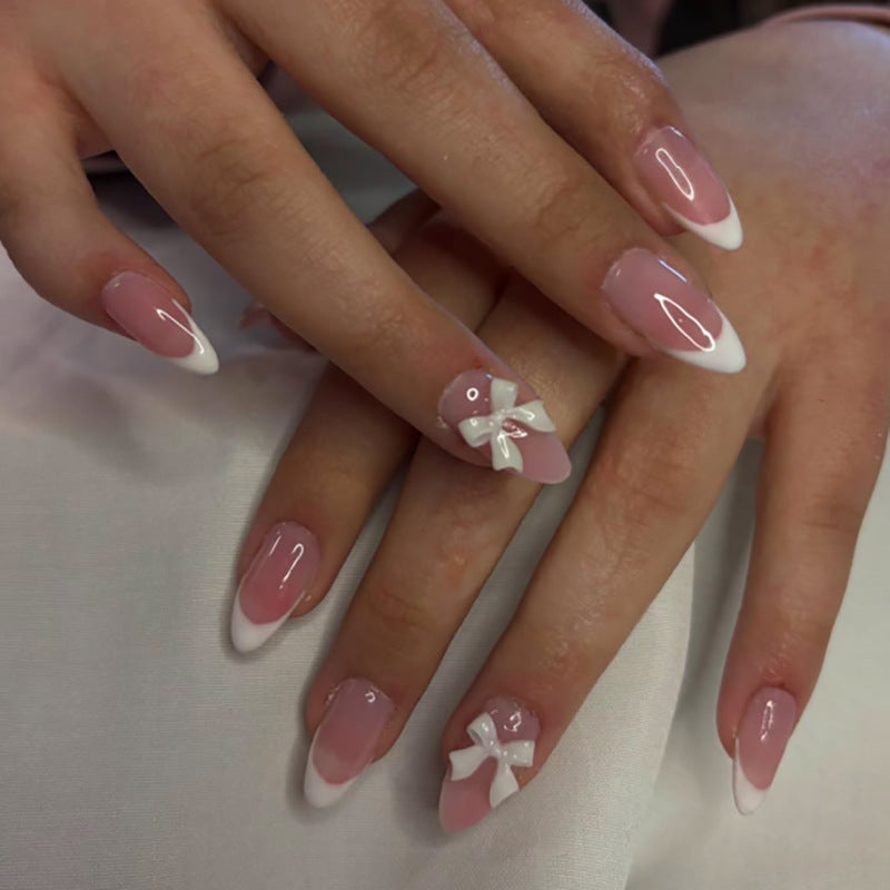 Chic Elegance Medium Almond Pink with White Tips and Decorative Bow Press On Nail Set