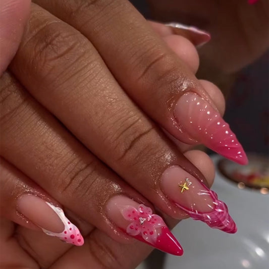 Charming Floral Fantasy Long Stiletto Pink Press On Nail Set with Unique Glittering Accents