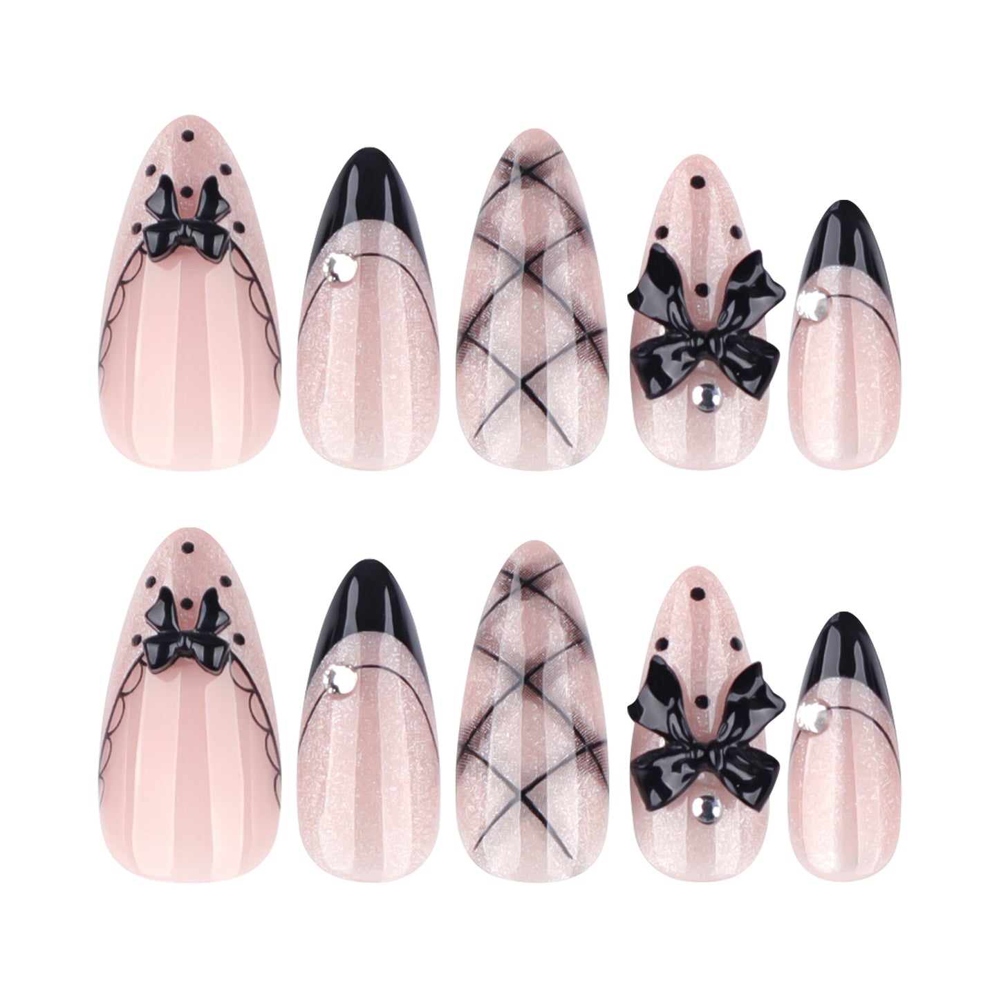 Chic Elegance Long Almond Pink and Black Press-On Nail Set with Dazzling Bow Accents