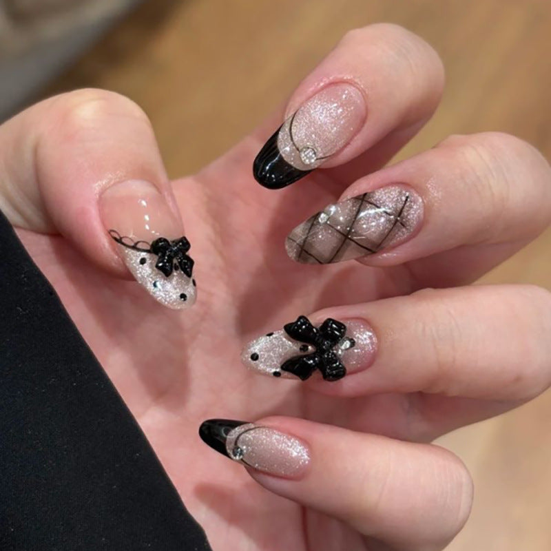 Elegant Parisian Glamour Long Oval Black and Champagne with Shimmering Bows and Rhinestones Press On Nail Set