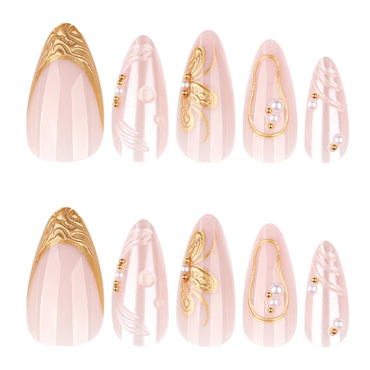 Elegant Floral Dream Long Almond Shaped Blush Pink with Gold Embellishments and Pearl Accents Press on Nail Set