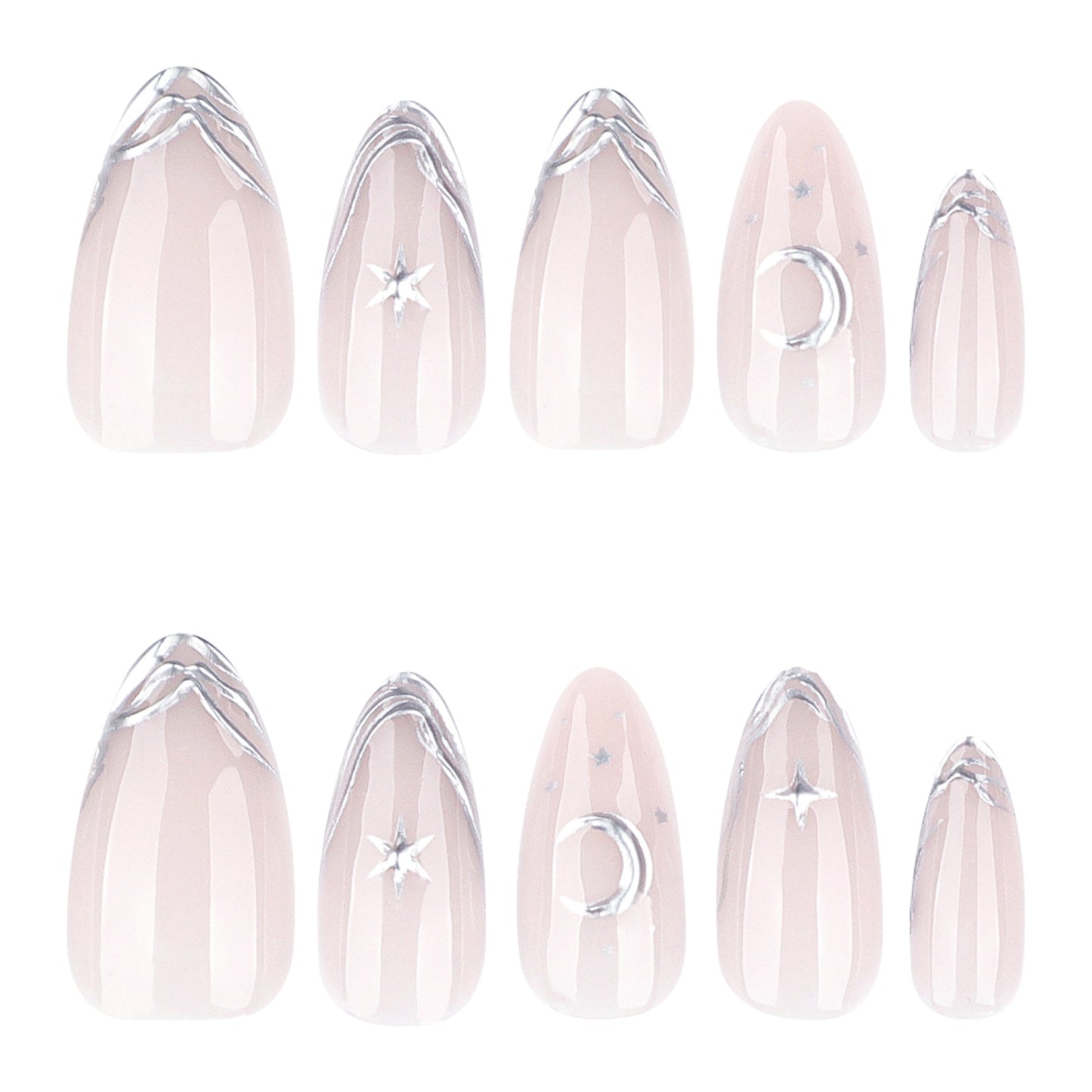Celestial Elegance Natural Long Square Pink Nails with Silver Accents and Celestial Designs