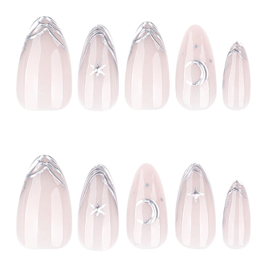 Celestial Elegance Natural Long Square Pink Nails with Silver Accents and Celestial Designs