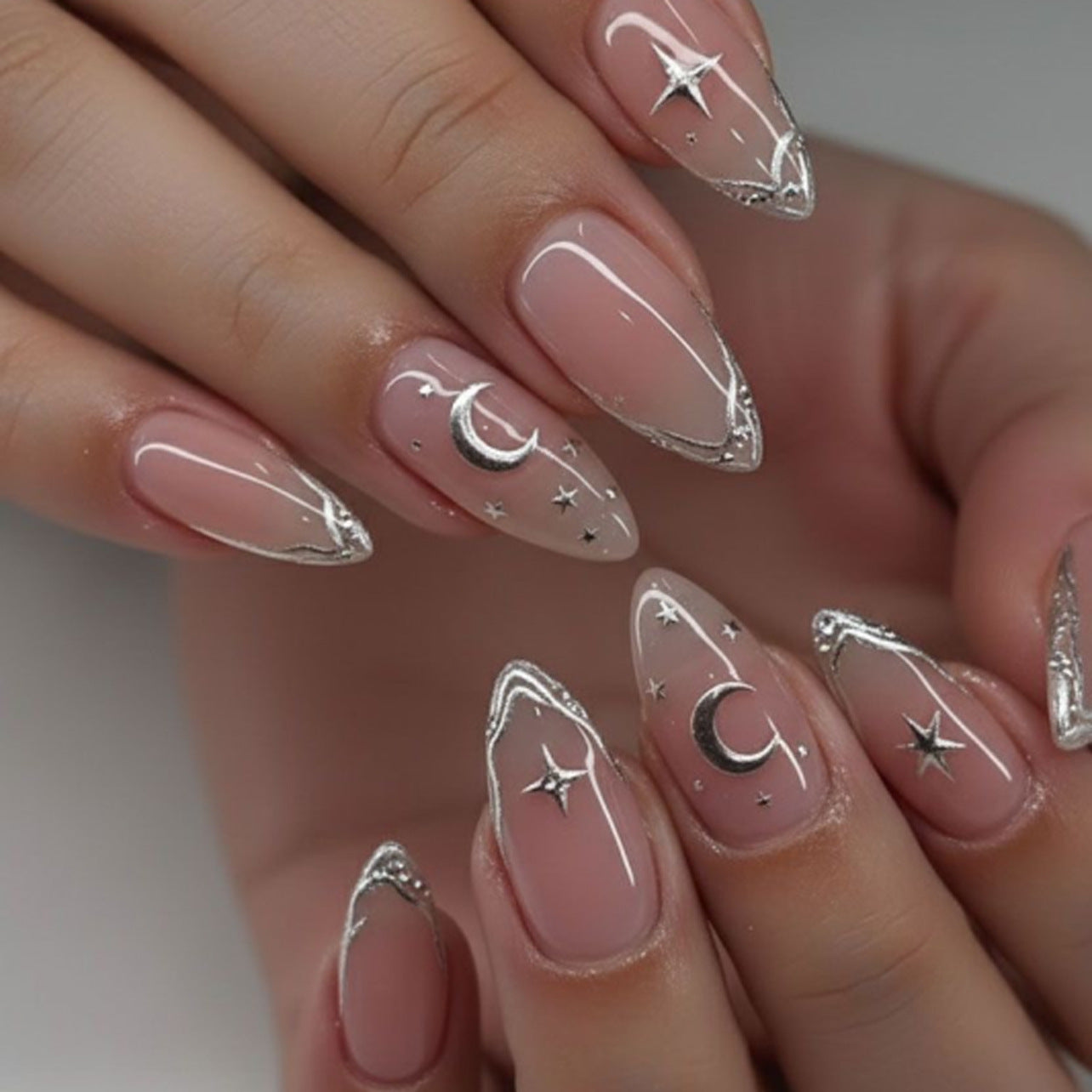 Celestial Dream Chic Long Almond Blush Pink Nails with Silver Star and Moon Accents
