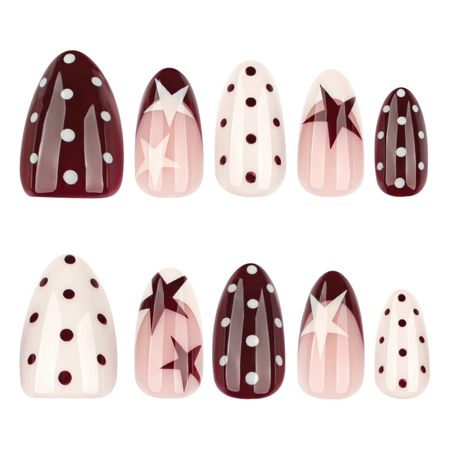 Chic Stardust Vibes Bold Medium Almond Burgundy and Pink Press On Nail Set with Dazzling Star and Polka Dot Design