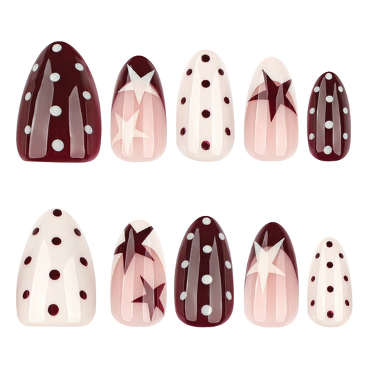 Chic Stardust Vibes Bold Medium Almond Burgundy and Pink Press On Nail Set with Dazzling Star and Polka Dot Design