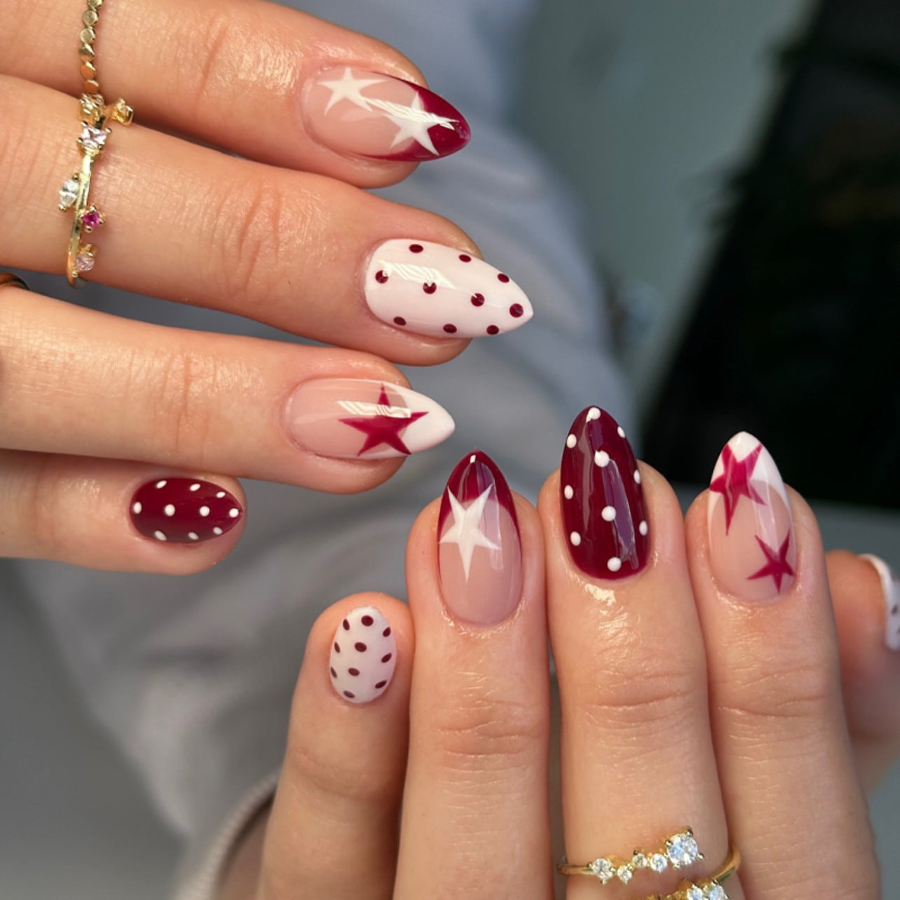 Celestial Glamour Medium Almond Burgundy and Blush with Star and Polka Dot Accents Press On Nail Set