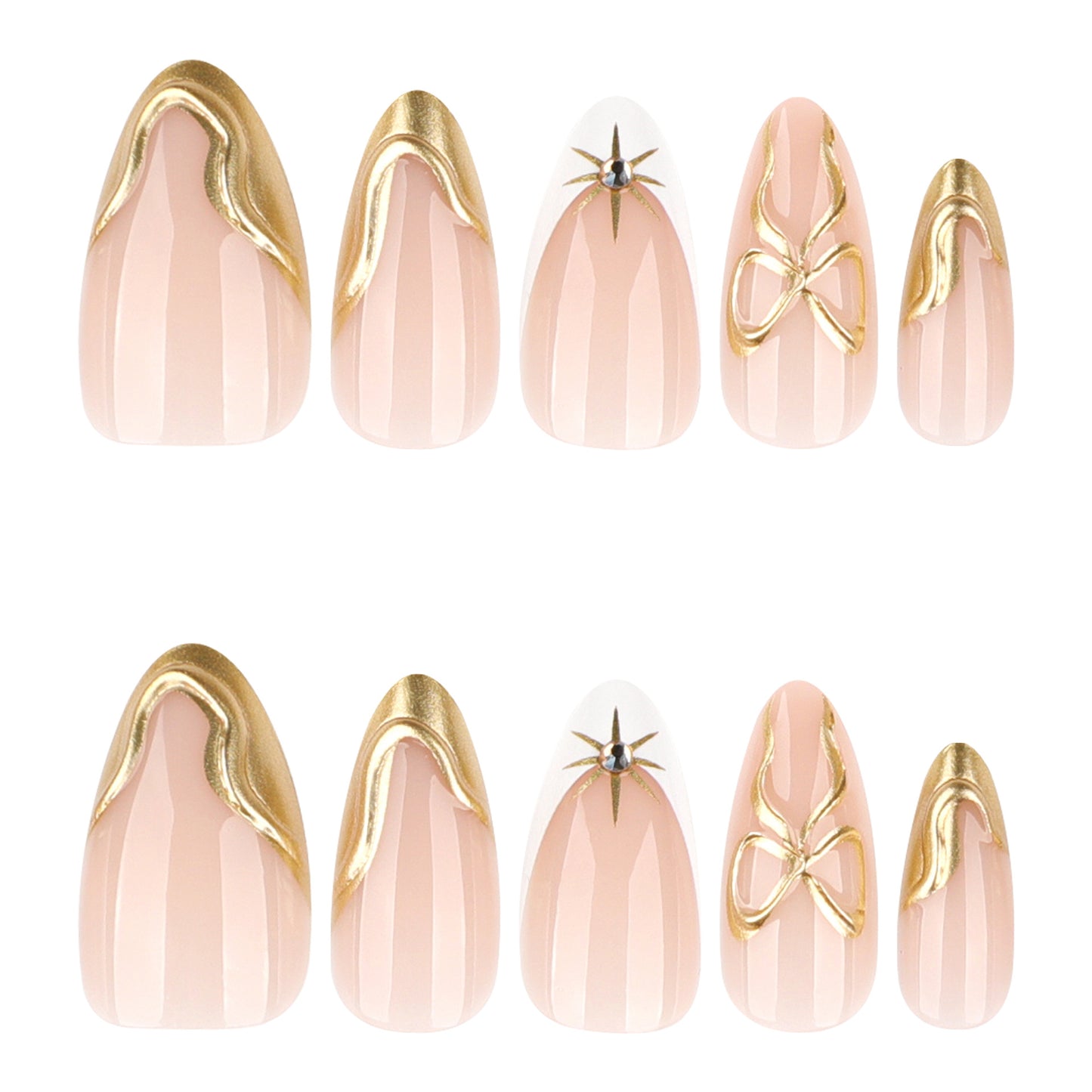 Glamorous Elegance Medium Almond Pink Glossy Nails with Gold Accents and Unique Bow and Star Designs