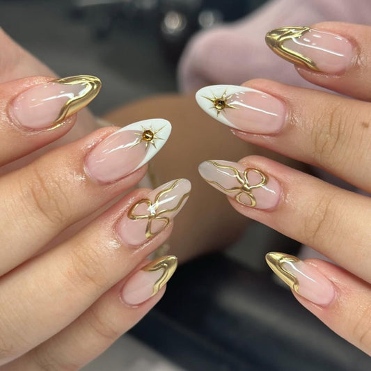 Celestial Glamour Long Almond Shimmering Beige and White with Elegant Gold Accents Press On Nail Set