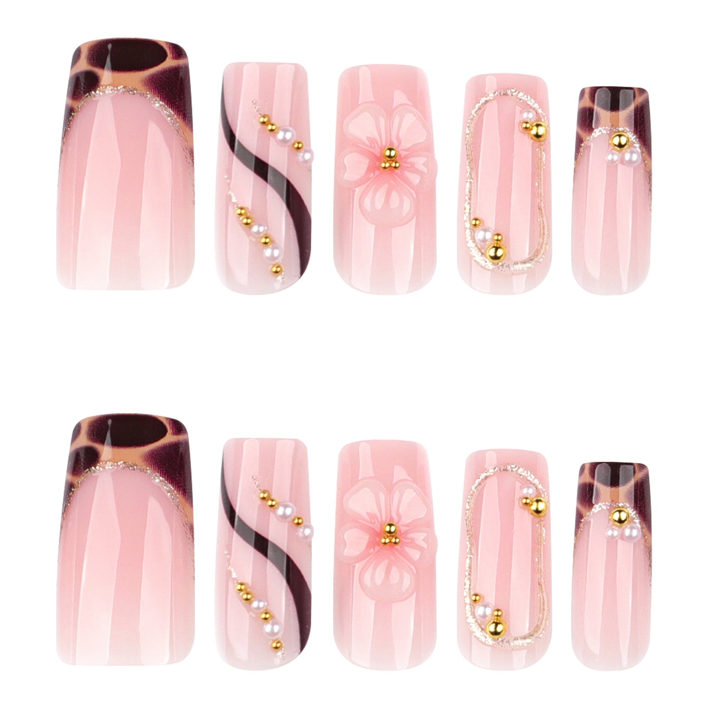 Chic Elegance Long Square Pink Press On Nail Set with Floral and Gold Accent Detailing