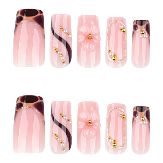 Chic Elegance Long Square Pink Press On Nail Set with Floral and Gold Accent Detailing