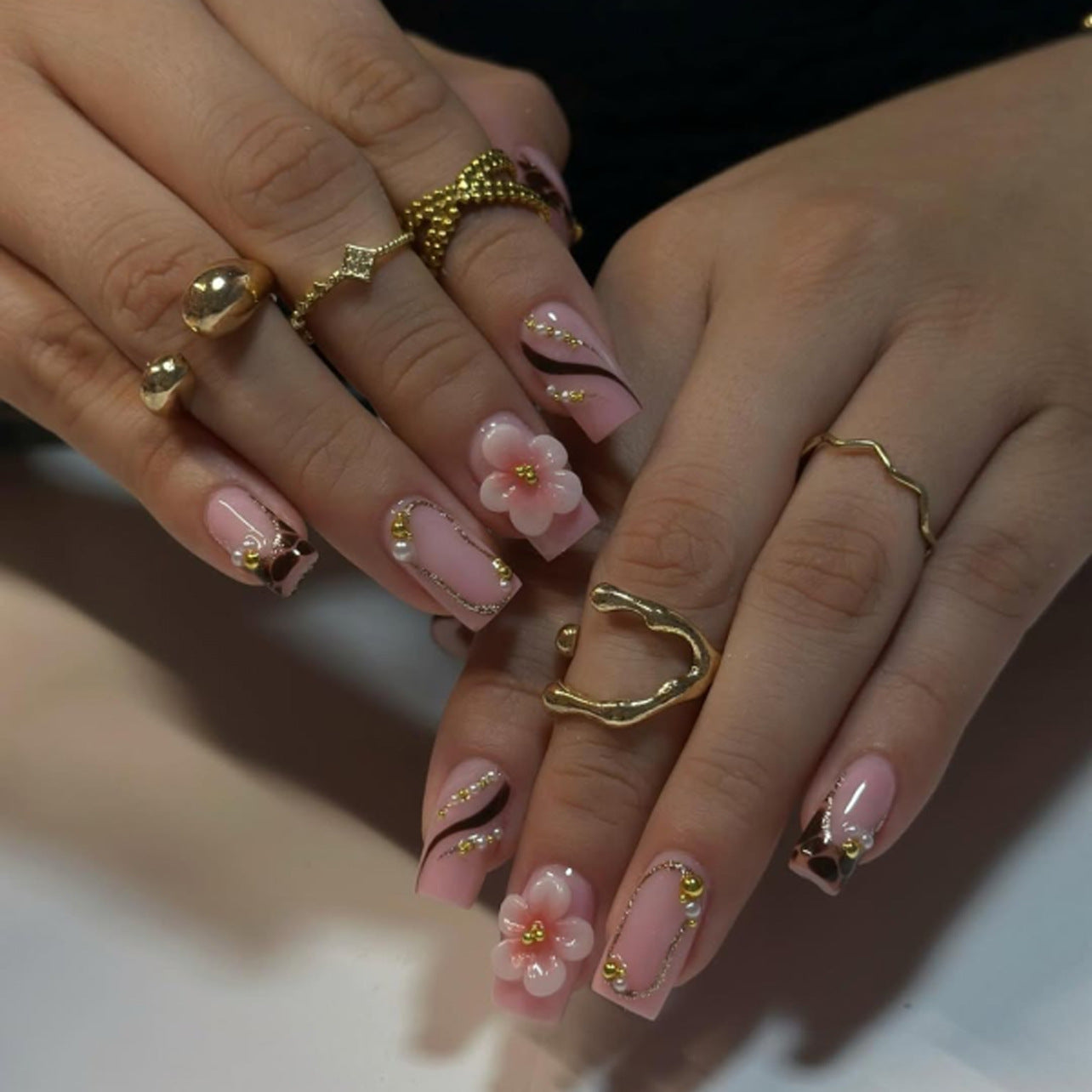 Blossom Dream Long Square Pink Press On Nails with Floral Embellishments
