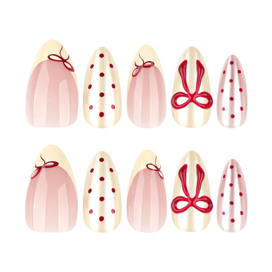 Chic Elegance Medium Almond Pink and Gold with Whimsical Bow Design Press On Nail Set