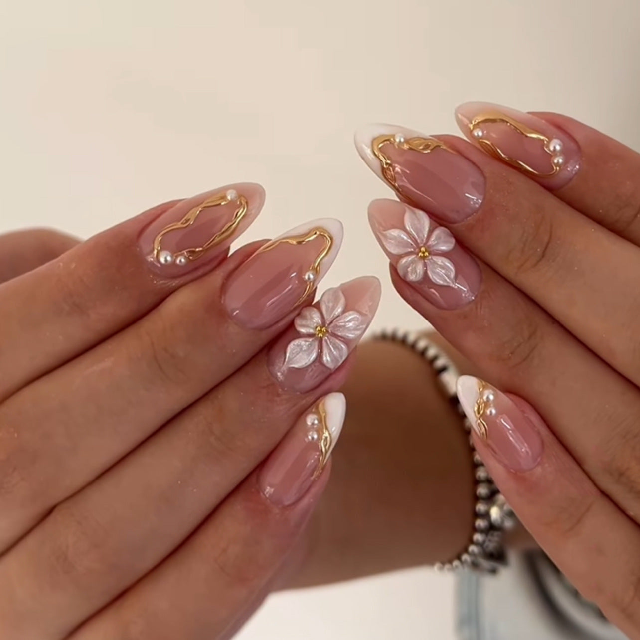 Bohemian Blossom Long Almond Pink Floral Design Press On Nail Set