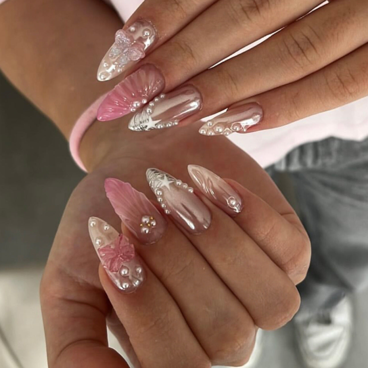 Enchanting Oceanic Elegance Long Almond Pink and Clear Press-On Nail Set with Pearl Accents and Butterfly Design