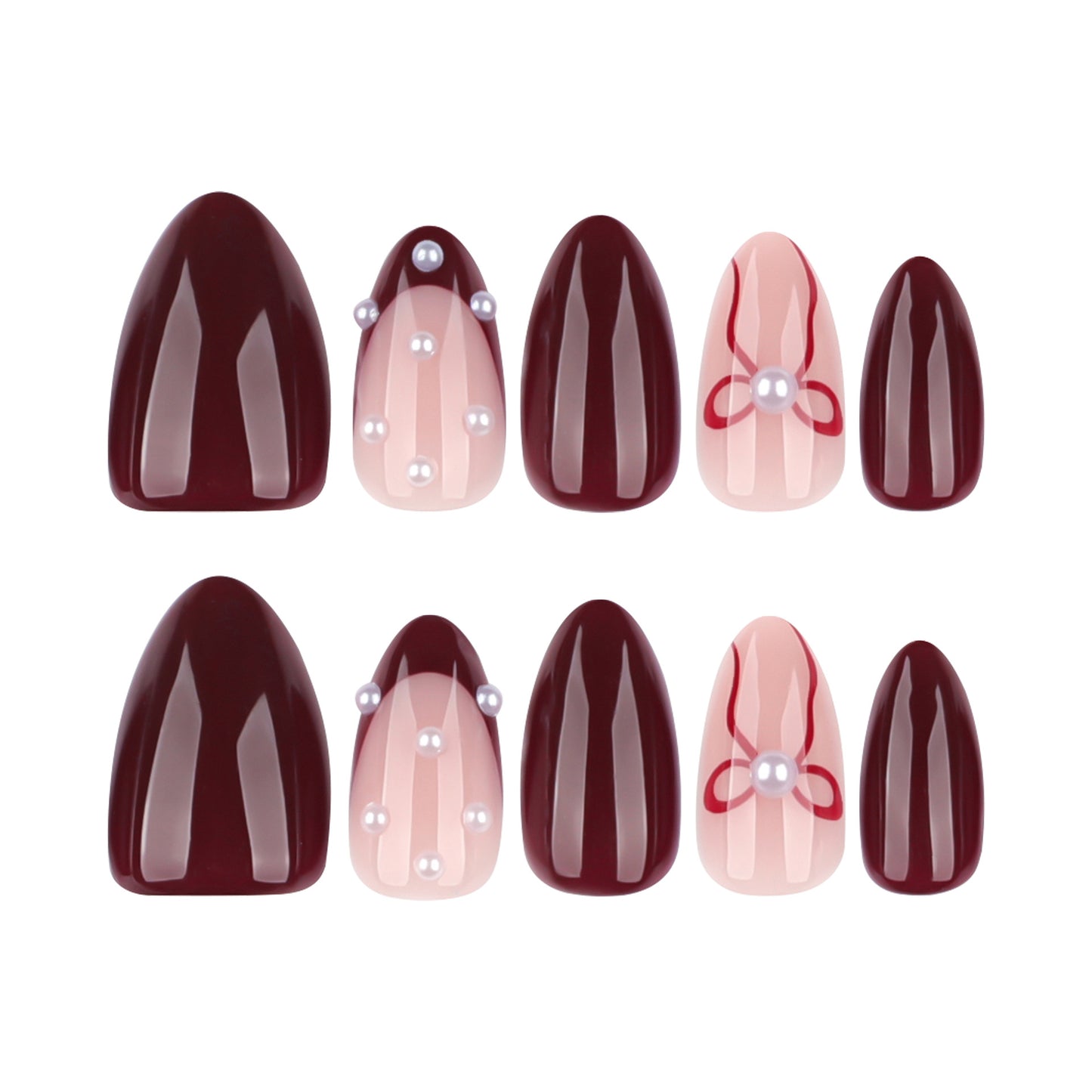 Chic Elegance Luxe Medium Almond and Coffin Burgundy and Soft Pink Nail Set with Pearl and Bow Accents