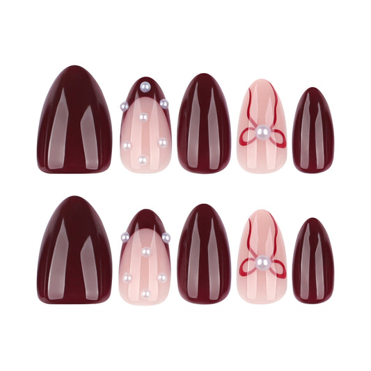 Chic Elegance Luxe Medium Almond and Coffin Burgundy and Soft Pink Nail Set with Pearl and Bow Accents