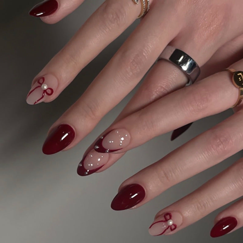 Chic Elegance Medium Almond Burgundy and Clear Dual Tone Design with Pearl Detail Nail Set