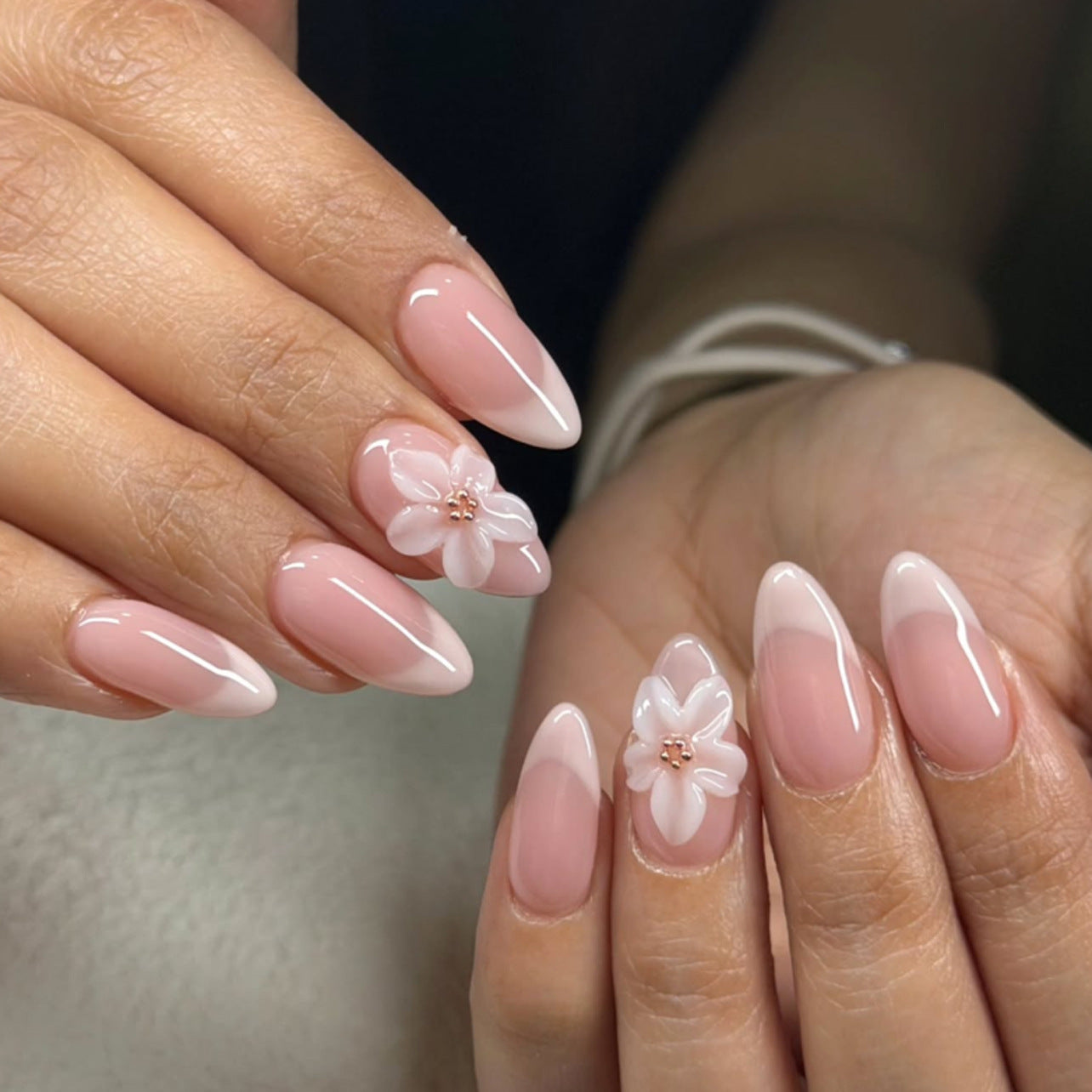 Blooming Elegance Long Almond Pink Press-On Nail Set with Charming Floral Accents