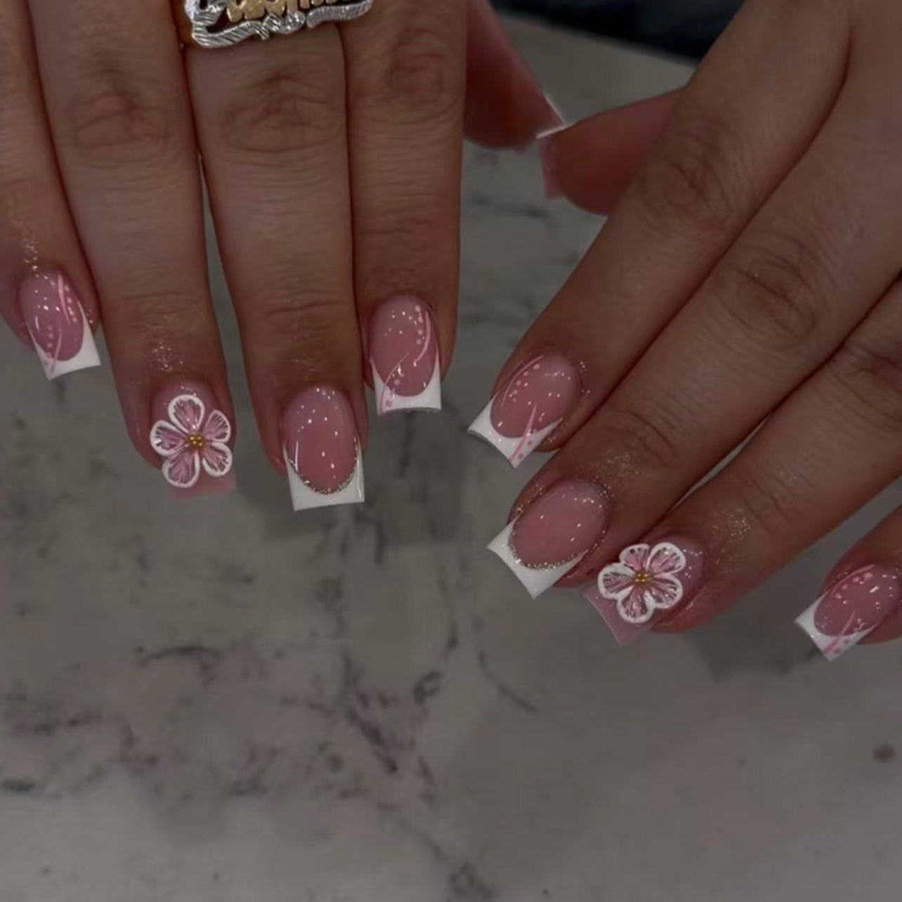 Floral Fantasy Short Square Pink with Elegant Floral Accents Press-On Nail Set
