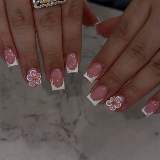 Floral Fantasy Short Square Pink with Elegant Floral Accents Press-On Nail Set