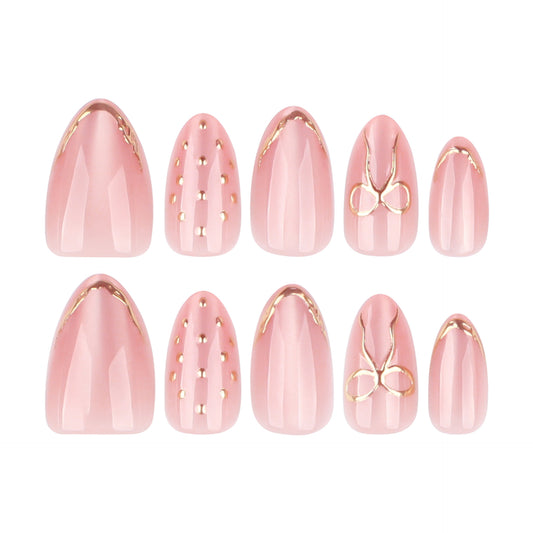 Chic Blush Elegance Medium Almond Pink Press On Nail Set with Gold Accents