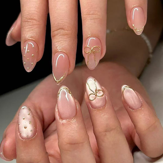 Elegant Enchantment Medium Almond Pink Glossy Finish with Gold Accents and Dainty Designs Press On Nail Set