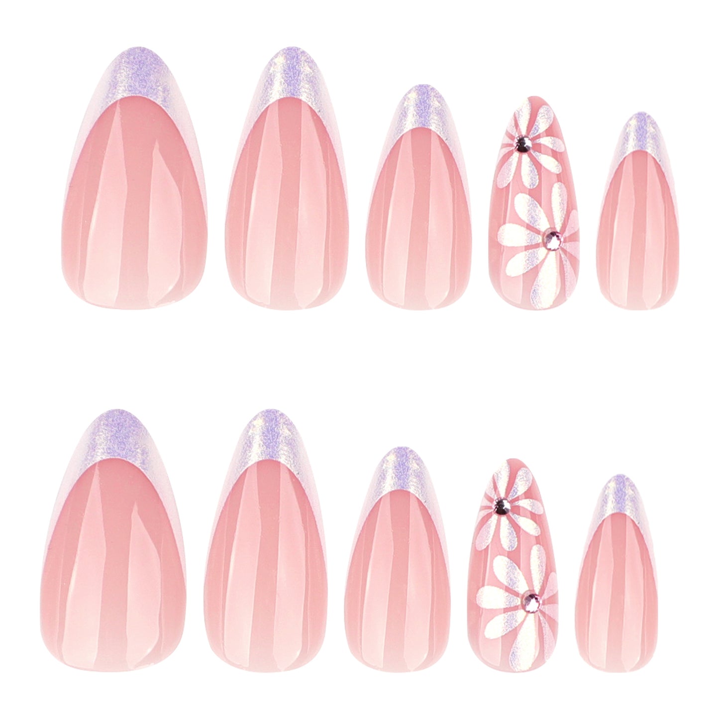 Whimsical Blossom Pink Long Almond Shaped Press on Nail Set with Glitter Tips and Floral Accents
