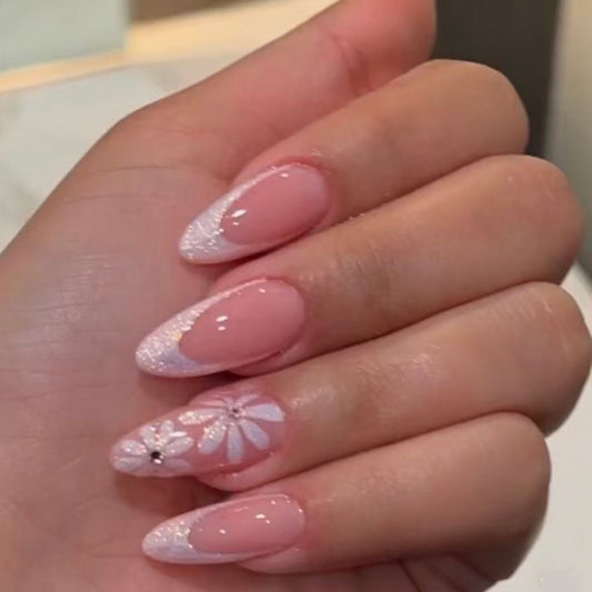 Blossom Dream Pink Long Almond Press On Nail Set with Glitter Ombre and Floral Art Design