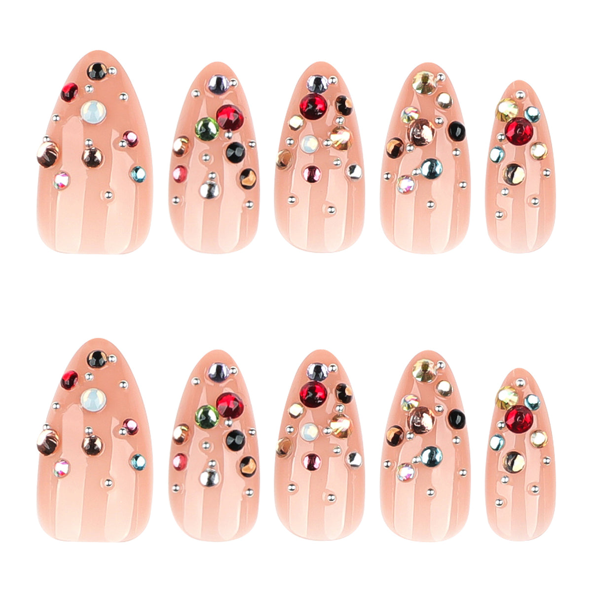 Glamorous Elegance Medium Almond Beige Press on Nail Set with Vibrant Rhinestone Detail