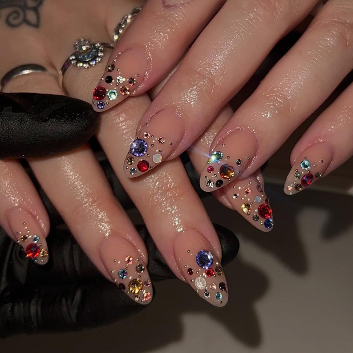 Glamorous Almond Medium Beige with Sparkling Gem Accents Press On Nail Set