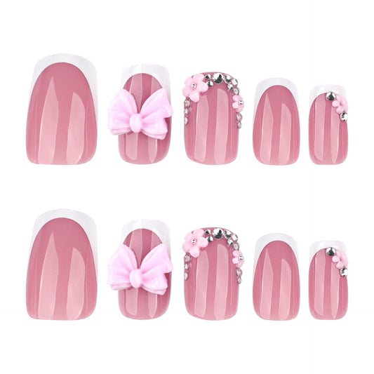 Charming Elegance Press-On Nail Set Medium Square Soft Pink with Bow and Floral Accents