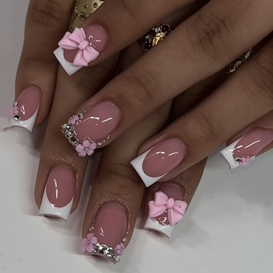 Charming Blossom Short Square Pink with Ribbons and Floral Accents Press-On Nail Set
