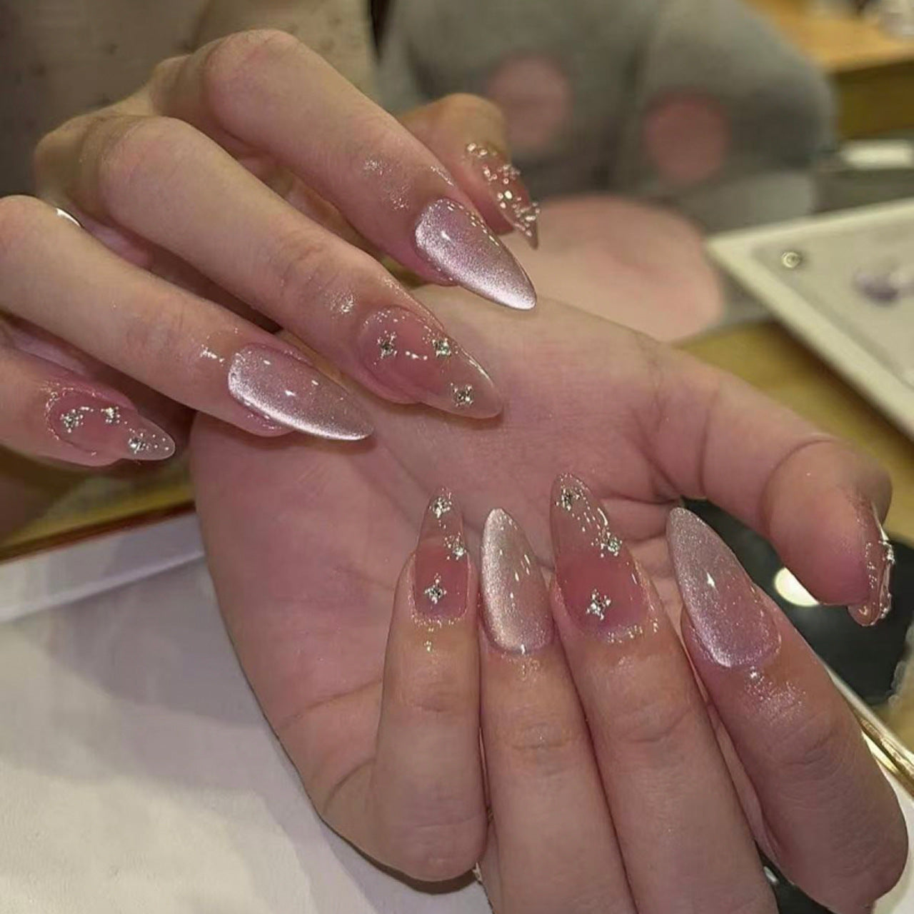 Celestial Elegance Long Almond Pink Press On Nail Set with Shimmering Star Accents